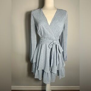 Jopna Sky Blue Polka Dot Tiered Mini Dress | Size Medium | Faux Wrap